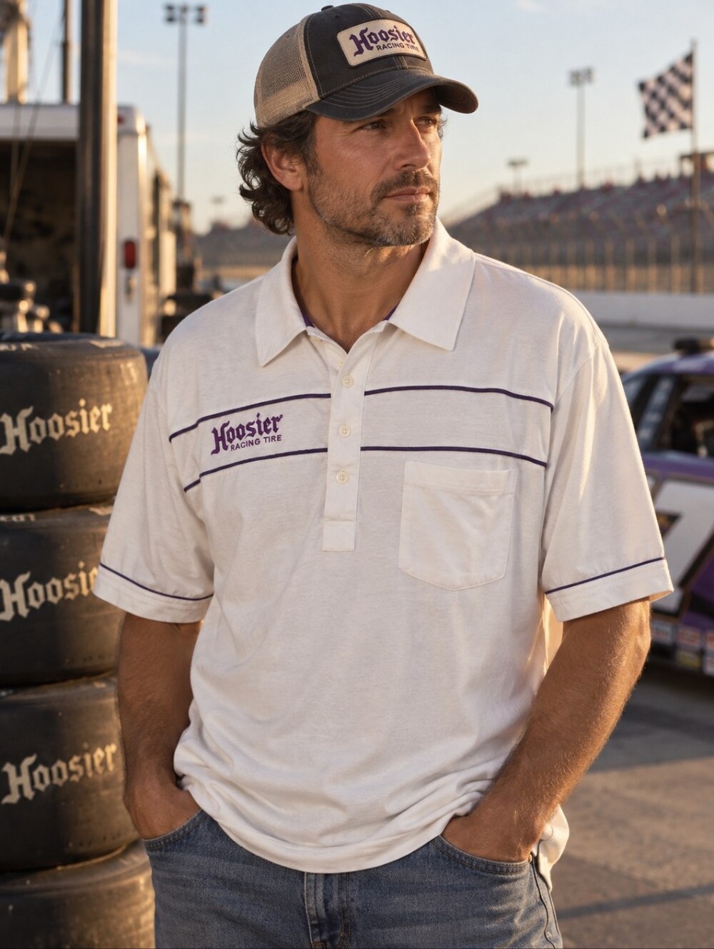 MIDWEST Polo Shirt Mens XL Hoosier Racing Tire White Purple Vintage Motorsports